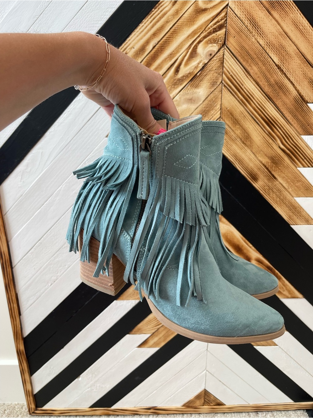 Very G Teal Suede Fringe Ankle Boots